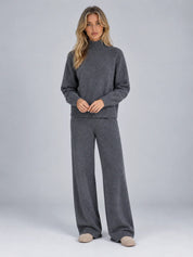 Women's wool co-ord set with roll neck jumper and wide leg trousers in dark grey