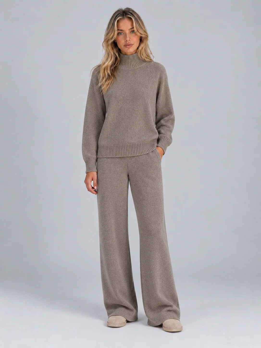 Women's wool co-ord set with roll neck jumper and wide leg trousers in khaki