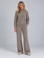 Women's wool co-ord set with roll neck jumper and wide leg trousers in khaki