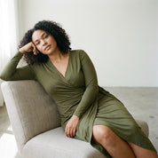 Women's wrap dress in olive with fitted waist