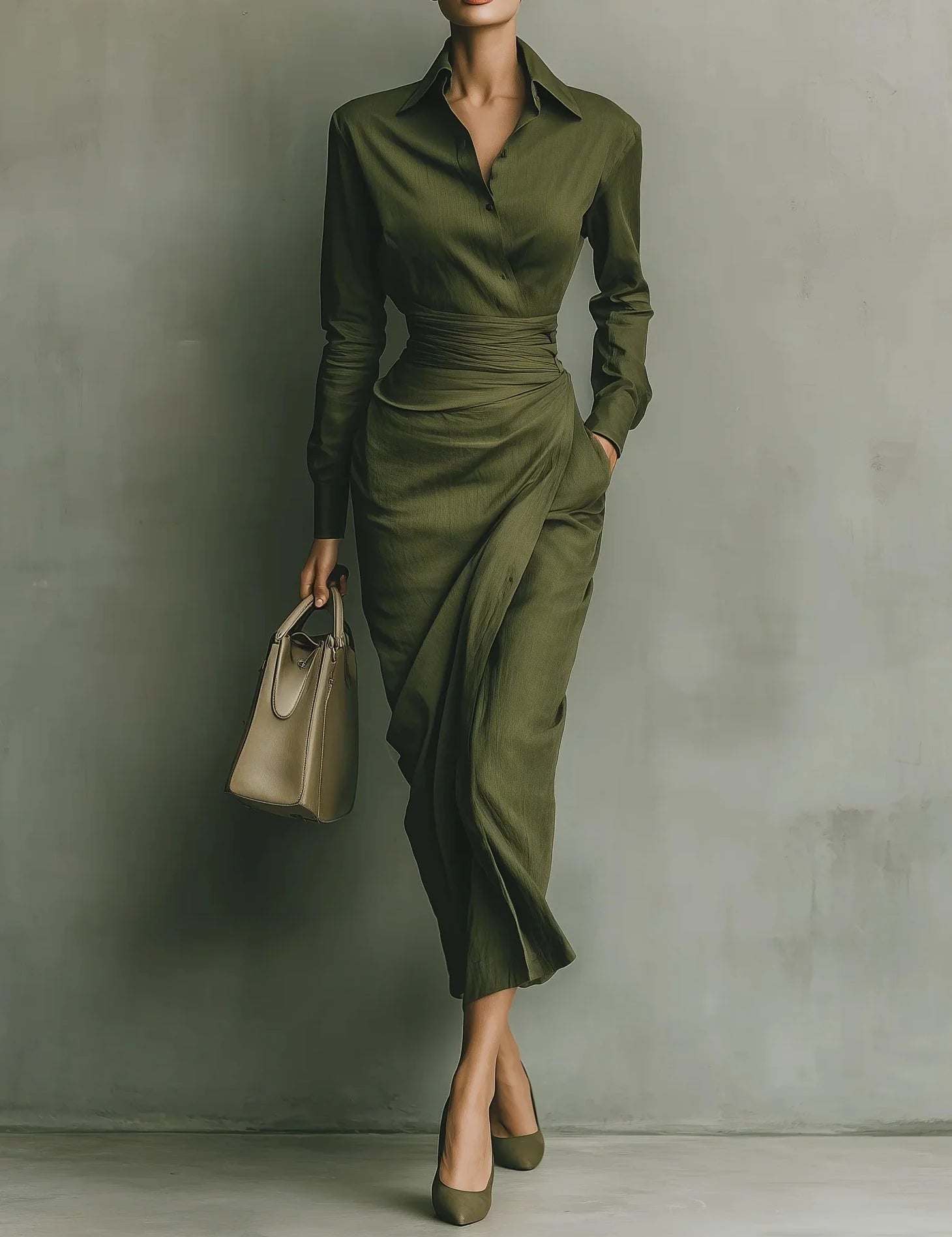 Women's wrap dress in olive with fitted waist