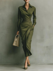 Women's wrap dress in olive with fitted waist