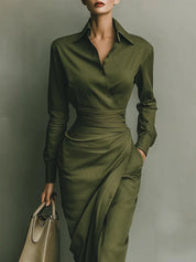 Women's wrap dress in olive with fitted waist