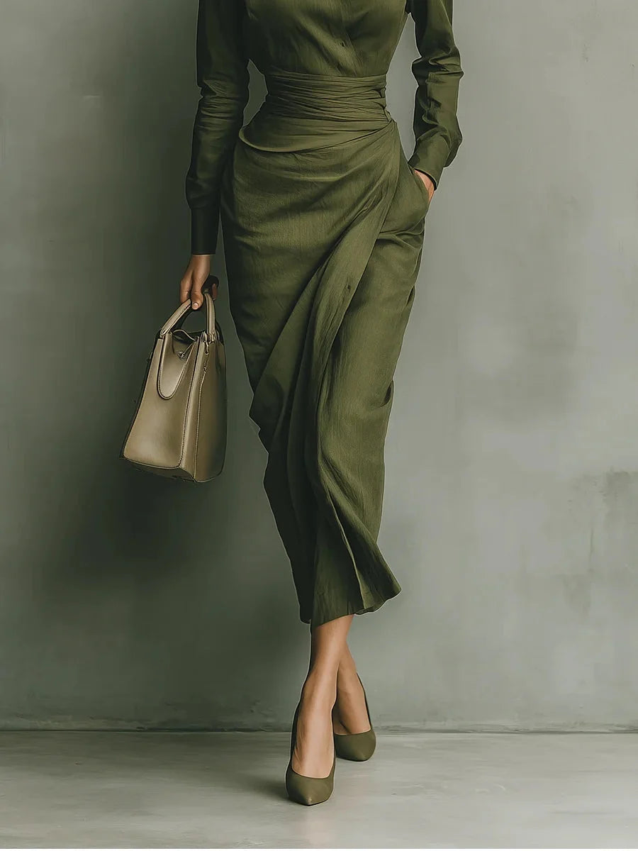 Women's wrap dress in olive with fitted waist