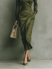 Women's wrap dress in olive with fitted waist