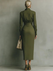 Women's wrap dress in olive with fitted waist