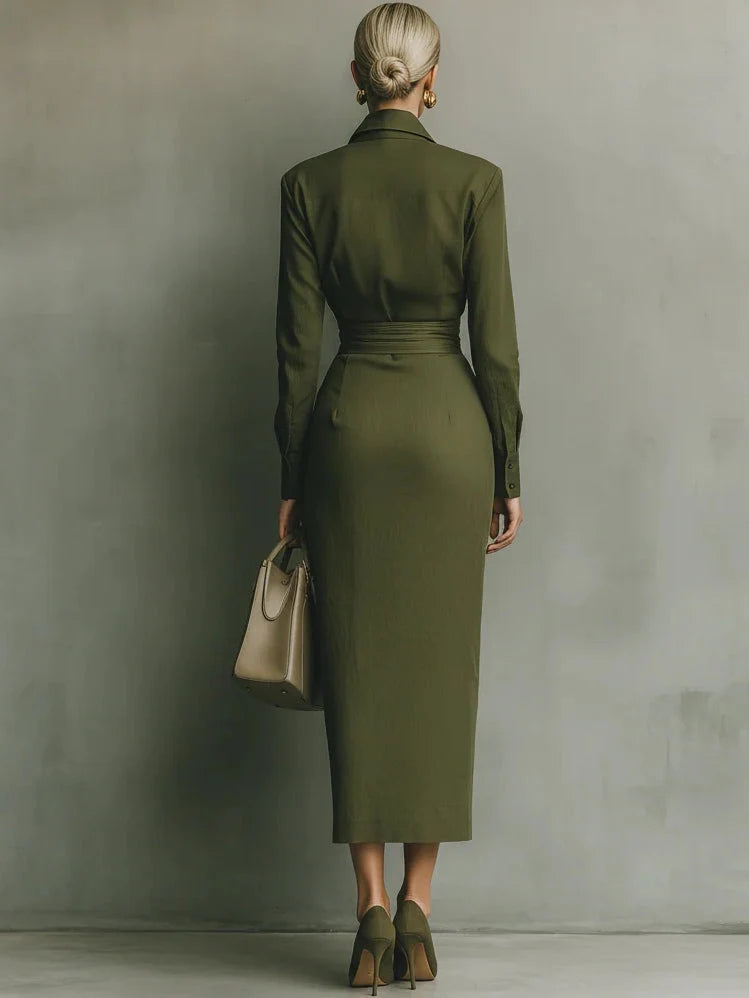 Women's wrap dress in olive with fitted waist